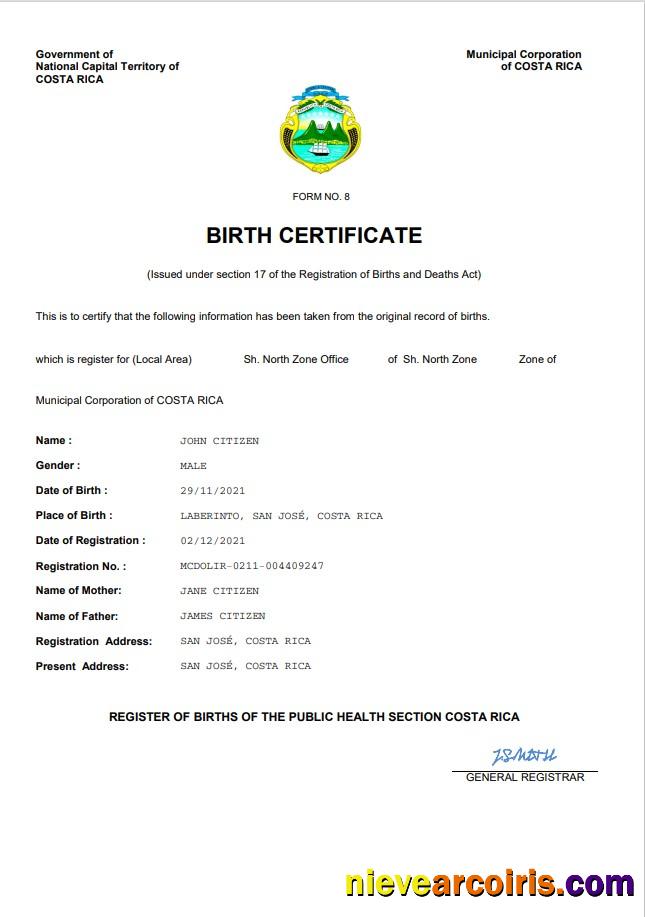 Costa Rica birth certificate